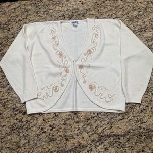 Vintage Yield Cream Beaded Sequin Cardigan Sweater Pearl Embellished Ivory Small